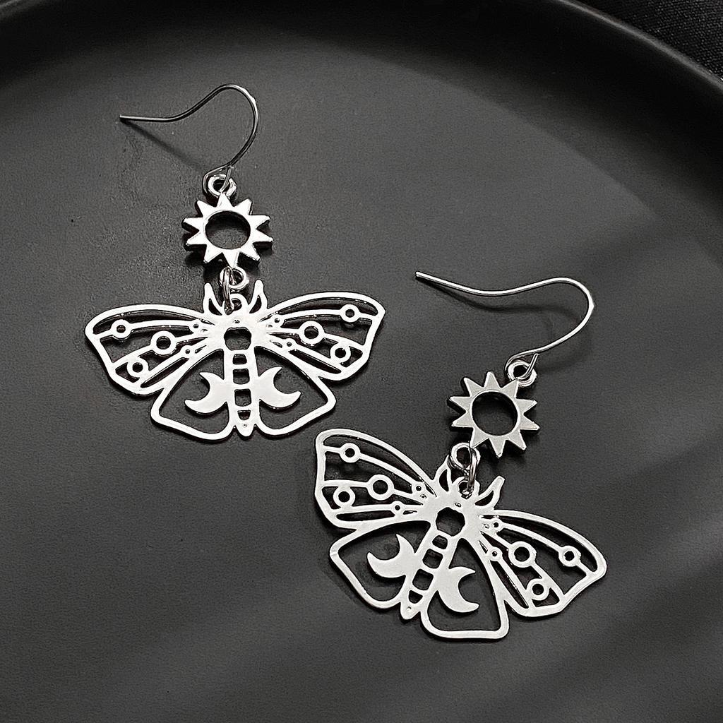 Vintage Hollow-out Butterfly Pendant Earrings Bohemian Moon Moth Ear Hooks Natural Stone Jewelry Accessory Gifts For Women Girls