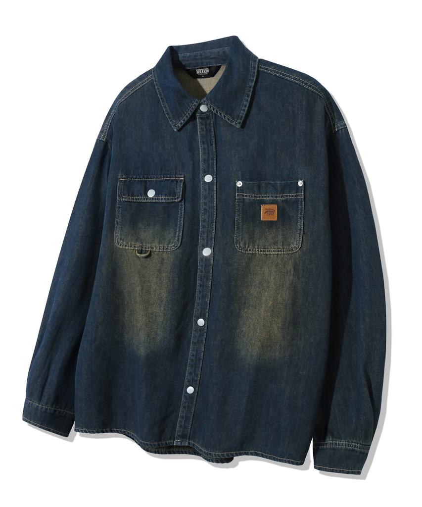 TRILLION Leather Patch Oversized Work Denim Long Sleeve Shirt_Vintage Blue