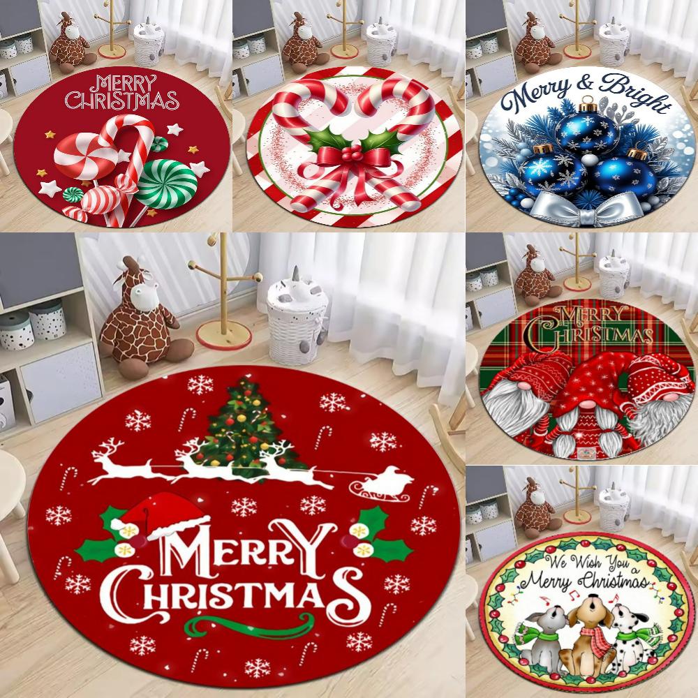 Christmas Ornaments Circle Rug Living Room Decor Sofa Rug Merry Christmas Santa Rudolph Riding Home Mat Festival Event Carpet
