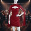 Sparkling Chiffon Cape Red Dress Half Neck Slim Evening Dress  Ladies Girl