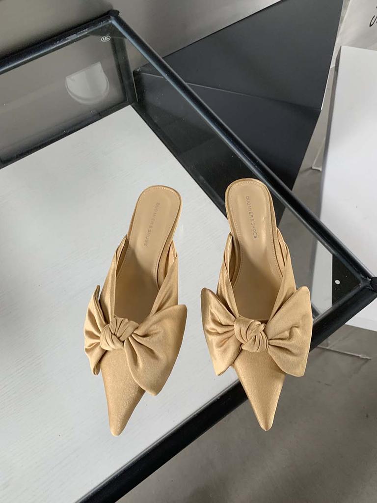 Модные женские тапочки с острым носком, летние уличные туфли-мюли, туфли на низком каблуке с бантом, черные, розовые, бежевые, хаки, повседневные туфли-мюли, мокасины 35-39