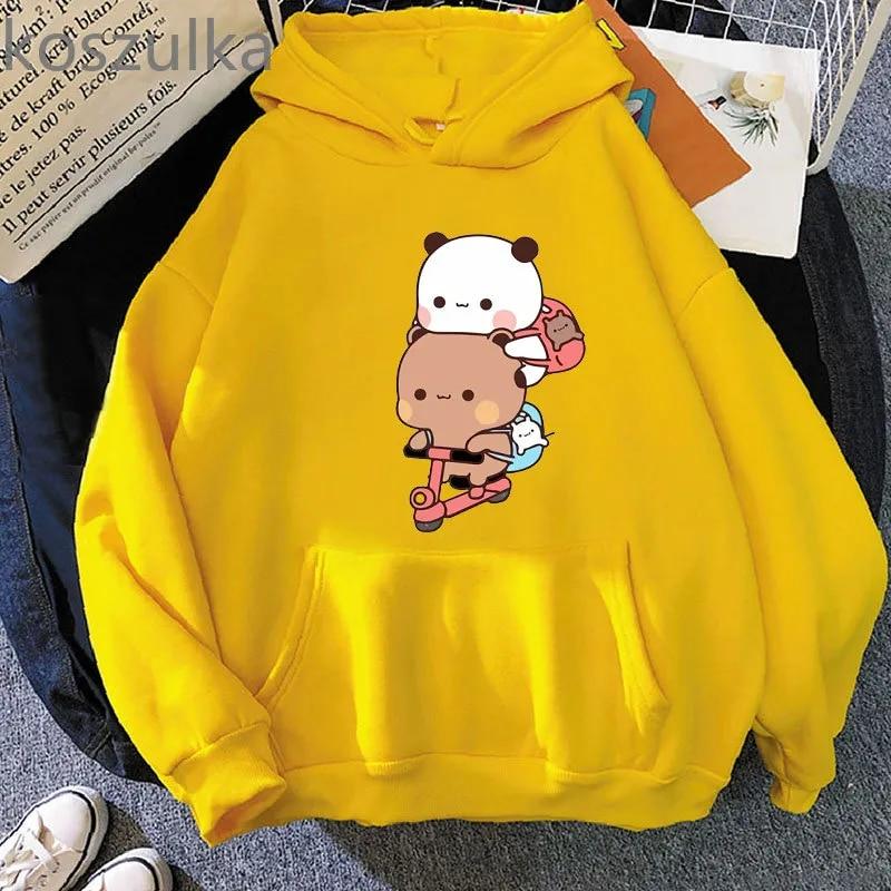 Women Kawaii Panda Bear Bubu and Dudu Hoodie Cute Couple Are Doing Exercise Sweatshirt Girls Pocket Clothes Men Tops Long Sleeve