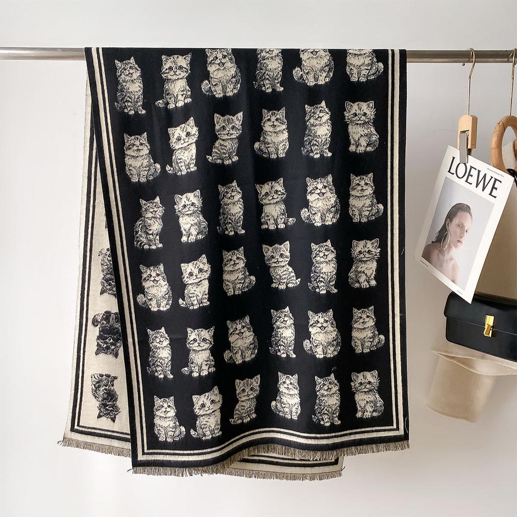 Autumn Winter Scarf Women Pashmina Shawls Cat Cashmere Blanket Warm Thick Chunky Stoles Lady Elegant Poncho Outdoor Bufanda