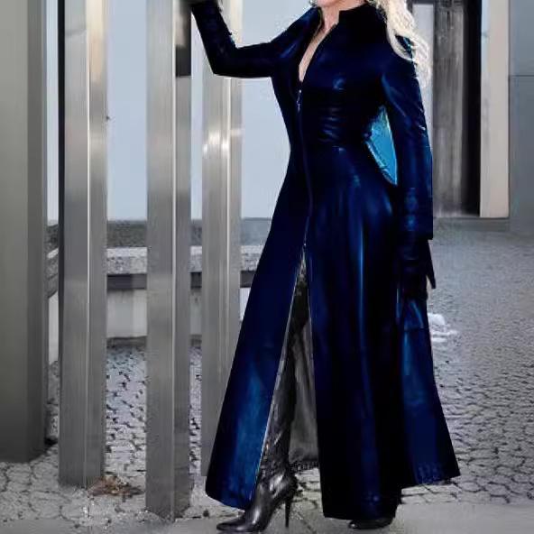 Women's European and American Style PU Leather Lapel Zipper Jacket - Solid Color, Long Length.