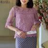 Women Casual Round Neck 3/4 Sleeve Lace Patchwork Blouse