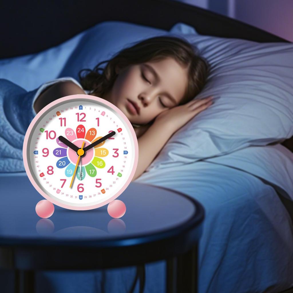 Sunshine Smile children's school entry, beginner's alarm clock, children's alarm clock with night light, tick-free children's analog alarm clock