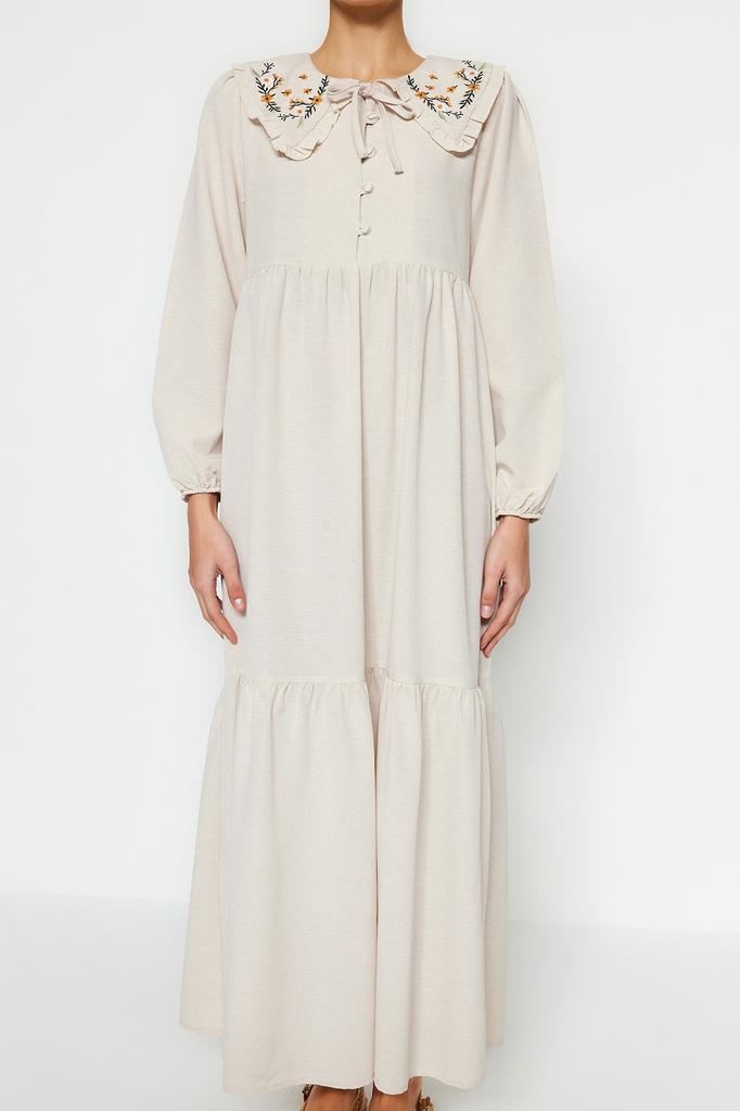 Женское модное новое платье-хиджаб с воротником корицы, вышитым полунашивкой, льняное тканое платье