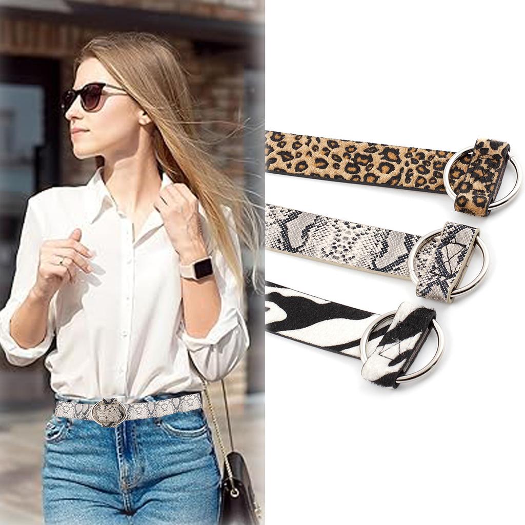 Women No Pin Circle Buckle Wide PU Belt, Snake Leopard Print Animal Pattern Decorative Waist Belt for Dresses Jeans