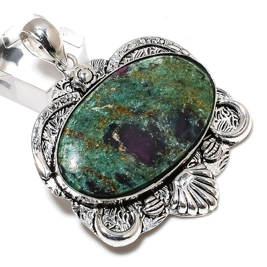 Ruby In Fuchsite Handmade Ethnic 925 Silver Jewelry Pendant 2.40" l8I24
