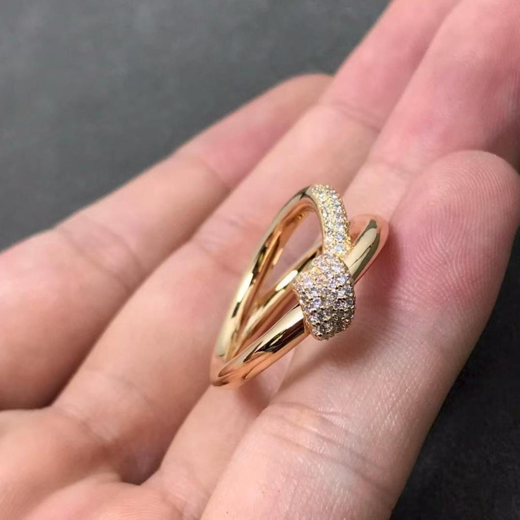 High-Quality 18K Gold Plated Rope Knot Ring with CNC Inlaid Diamonds