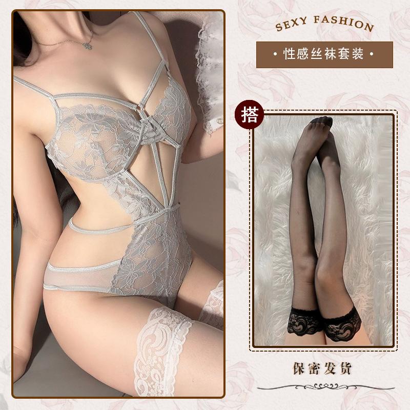 Hollow and thin sexy underwear sexy onesie temptation strap perspective lace free purple n