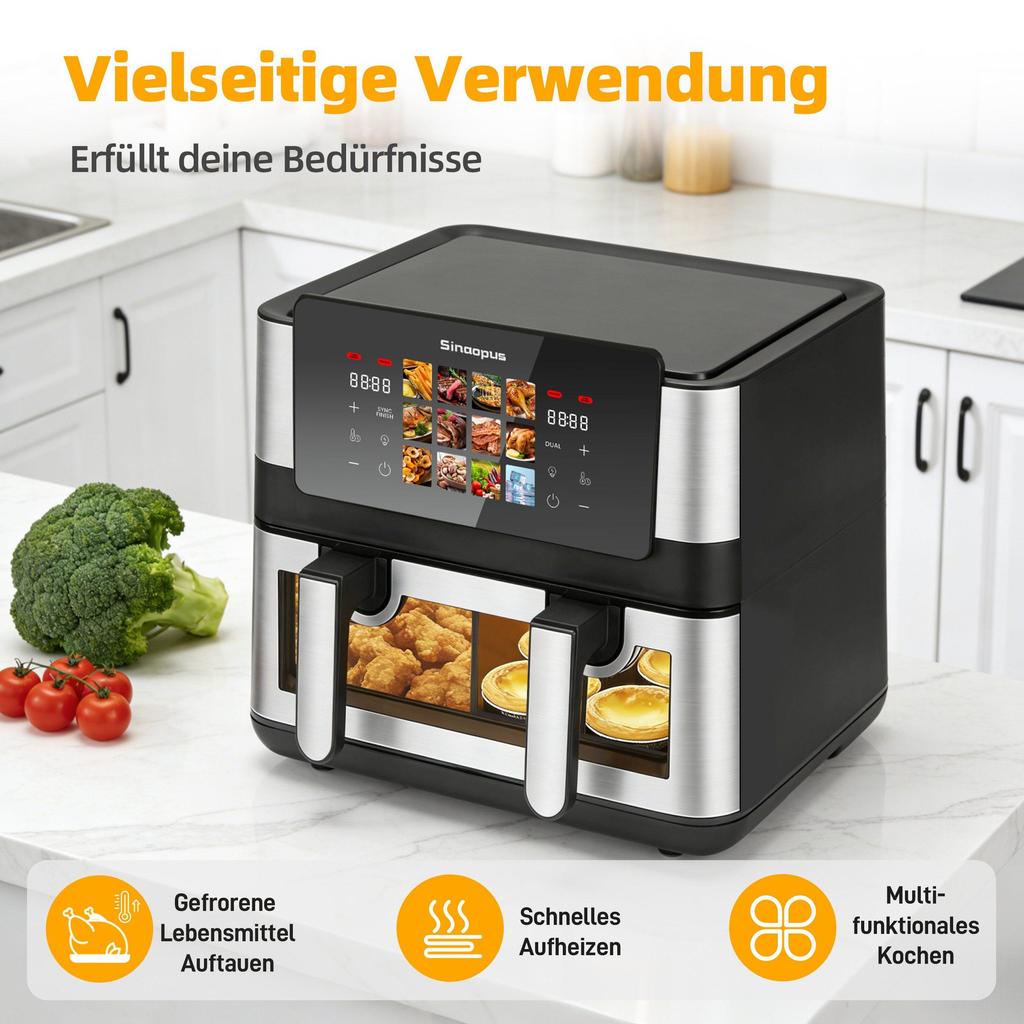 8.5L Double/Single Chamber Air Fryer, 12 Cooking Programs, Air Fryer with Viewing Window, 2 Chambers, Touchscreen, Max 200℃