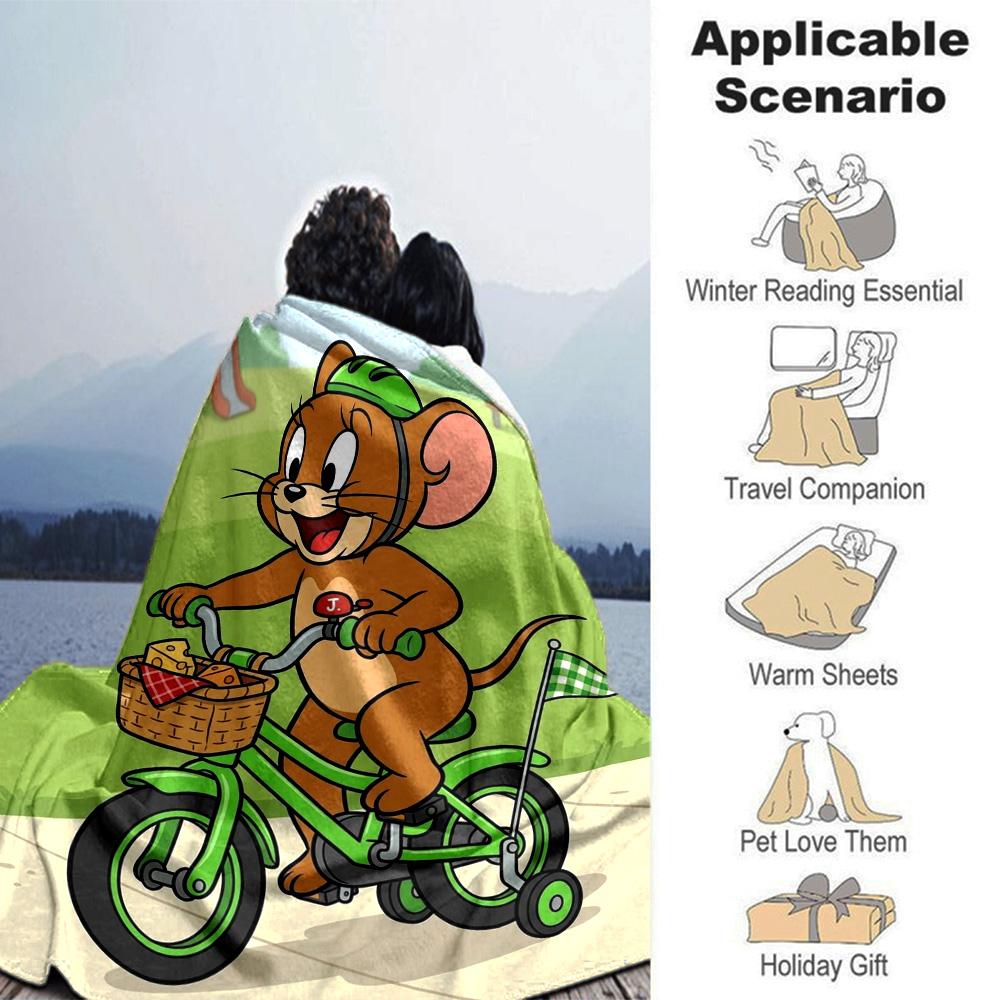 Jerry Mouse Riding Bicycle Cartoon Cute Print Flannel Blanket Soft Warm Throw Blanket for Sofa Bed Living Room