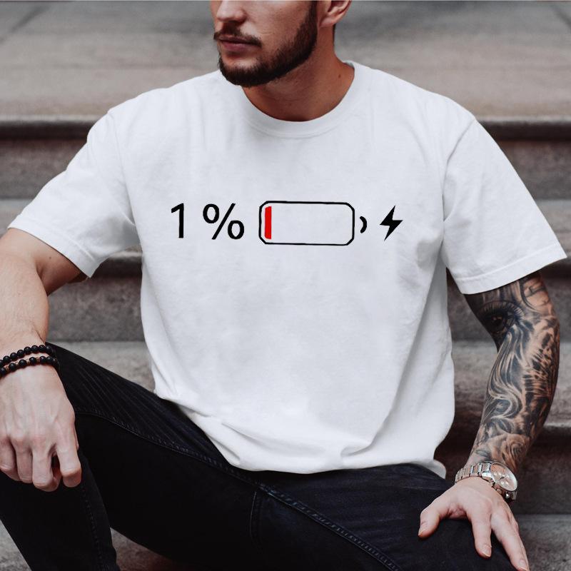 Unisex Crew Neck Low Battery One Percent Print Short Sleeve Cotton Tee Casual Summer Streetwear Loose Basic Daily Outdoor Wear Top
