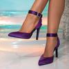 2025 Новая Мода Стразы Пряжка Ремешок на Щиколотке Женские Туфли-Лодочки Сандалии Уютный Шелк Острый Носок Фиолетовые Высокие Каблуки Вечерняя Обувь для Платья