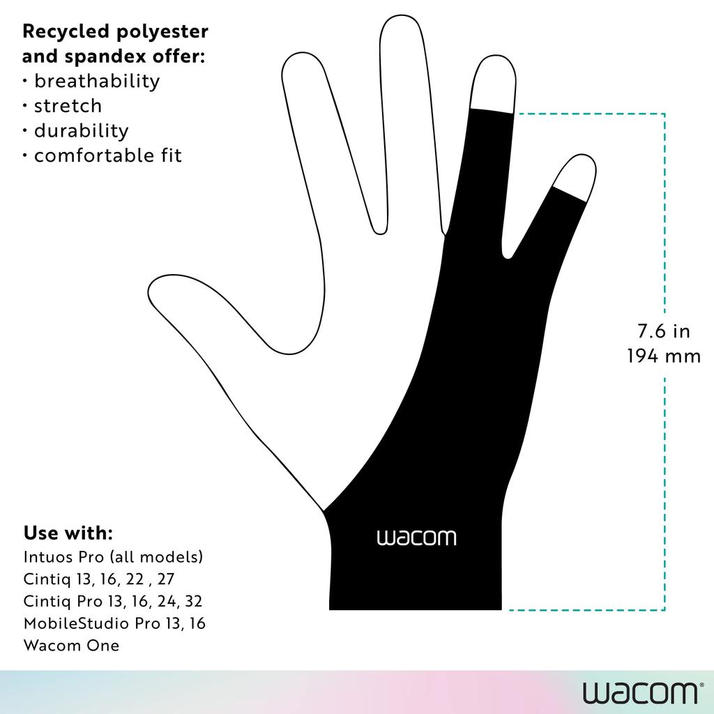 Перчатки Wacom Drawing 2 Finger Artist Gloves для планшета для рисования Pen Recycled One Size Black Gloves, Display, 90% материала, экологически чистые, (3 шт.)