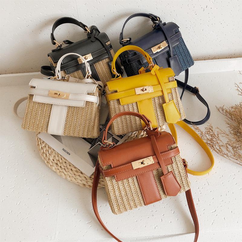 Fashion Box Straw Women Handbags Designer Wicker Woven Shoulder Crossbody Bags Chic Lock Pu Summer Beach Rattan Small Flap