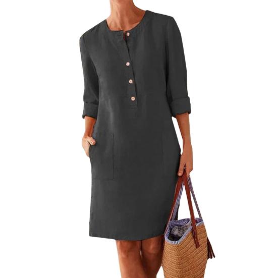Осень-весна Женское платье Круглый вырез Однотонные пуговицы Свободные длинные рукава Накладной карман Длина до колена