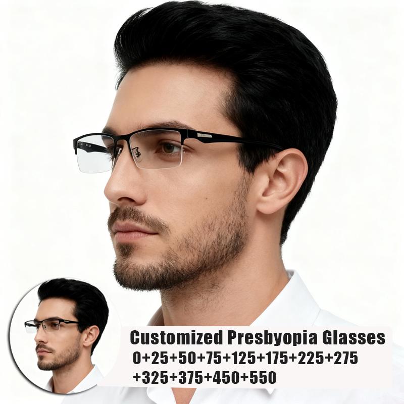 Fashion Photochromic Prescription Glasses Anti-blue Light Customized Glasses Men Half Frame Business Presbyopia Glasses