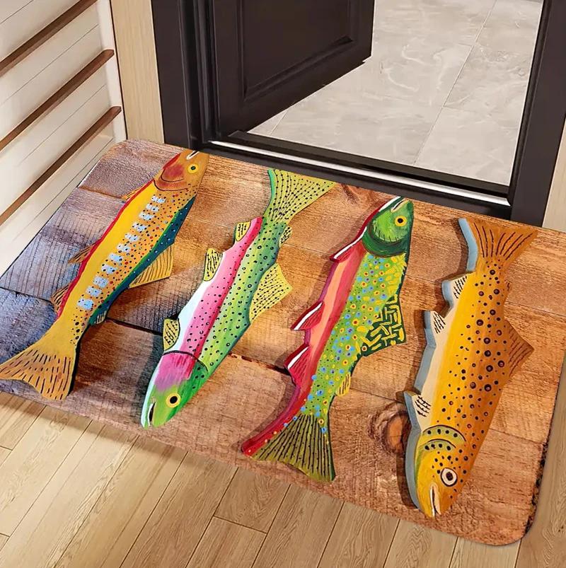 Olive Green Pine Tree Wild Trout Fish Doormat Non Slip Durable Rustic Cabin Front Door Home Entrance Rug