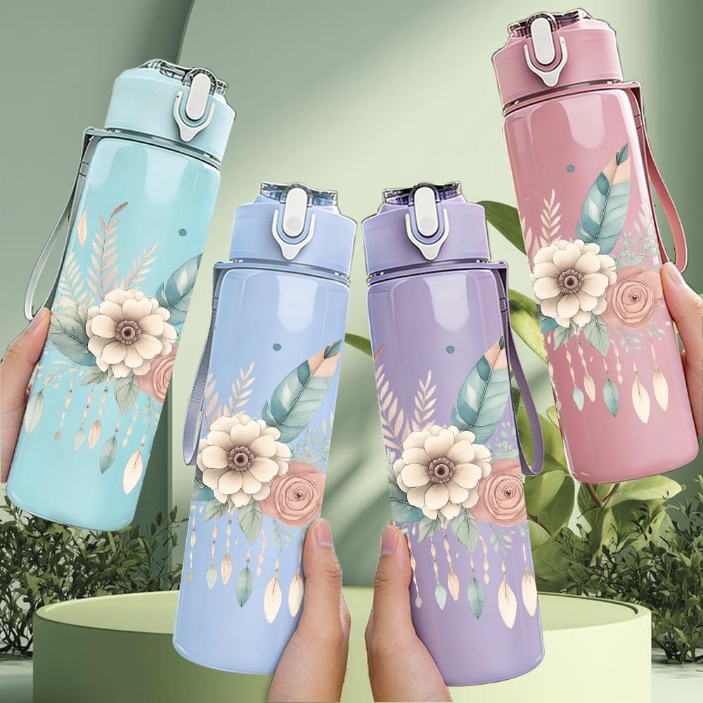 1PC Neutral Wildflower Bouquet 750ml Color Plastic Sports Water Bottle Leakproof Flip Straw Lid Suitable for Sports Office Home Use