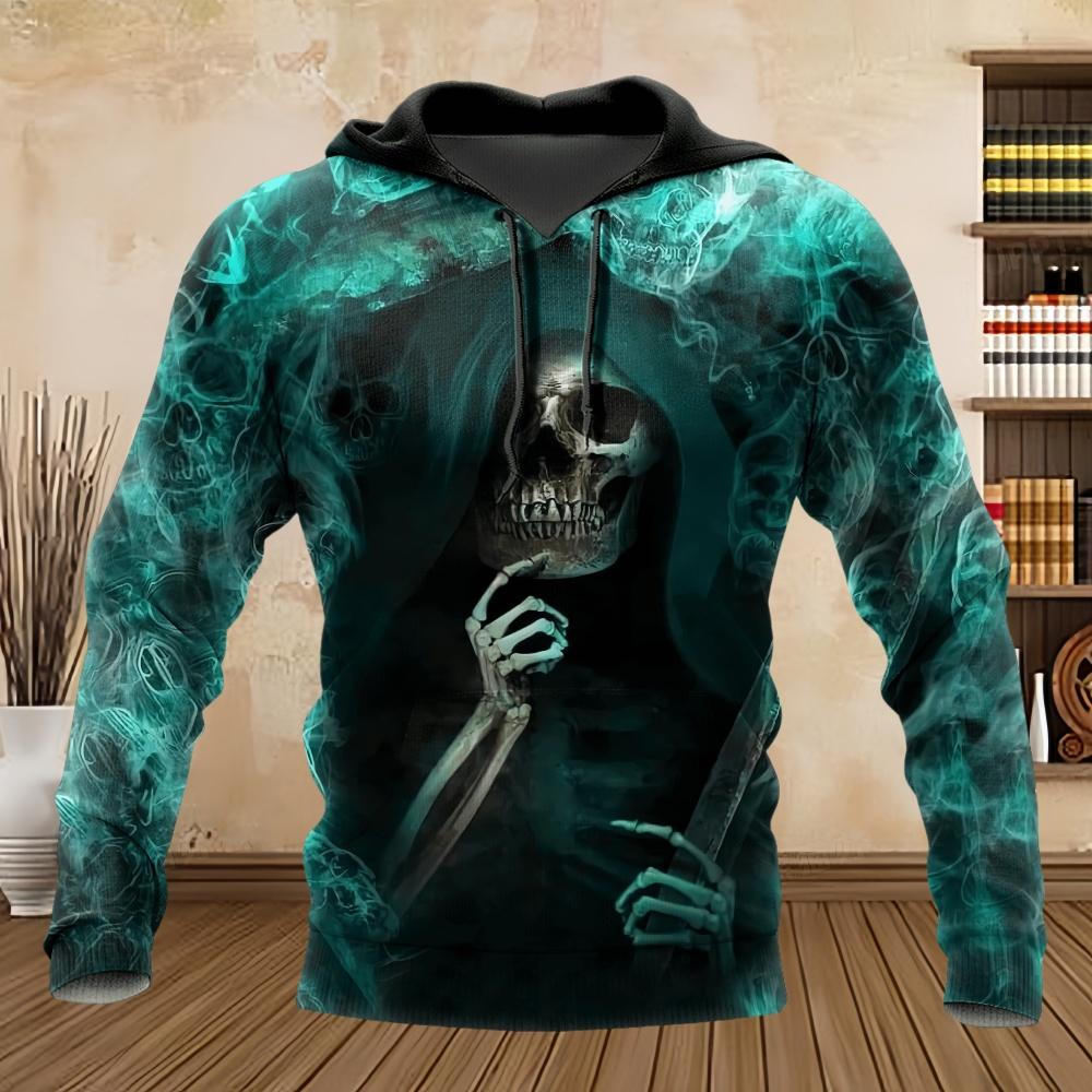 Мужская толстовка с капюшоном Дизайн с черепом Худи 3D-печать Ужасы Графические топы Осень Харадзюку Толстовка с длинным рукавом и карманом-кенгуру для мужчин Одежда