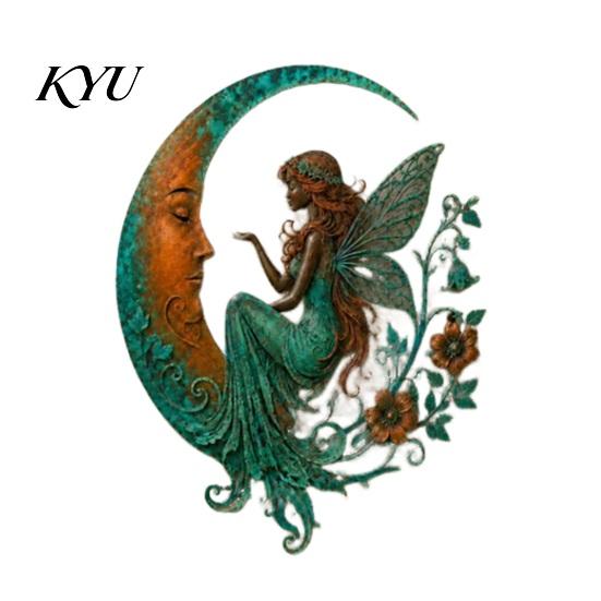 Home Wall Accents Metal Fairy on Crescent Moon Art, Vintage Elf Cutout Hanging Decor, Turquoise Pendant Weatherproof Iron Plaque for Garden