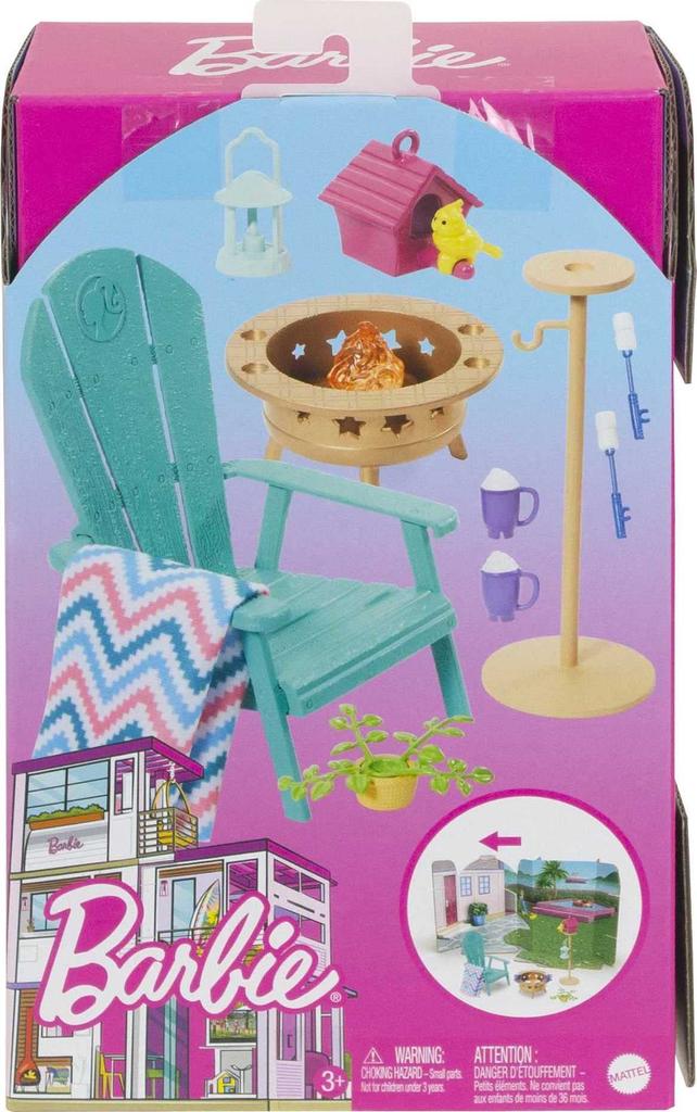 barbie Мебель и декор для кукольного домика с кормушкой для птиц на заднем дворе и скворечниками, патио, костром,
