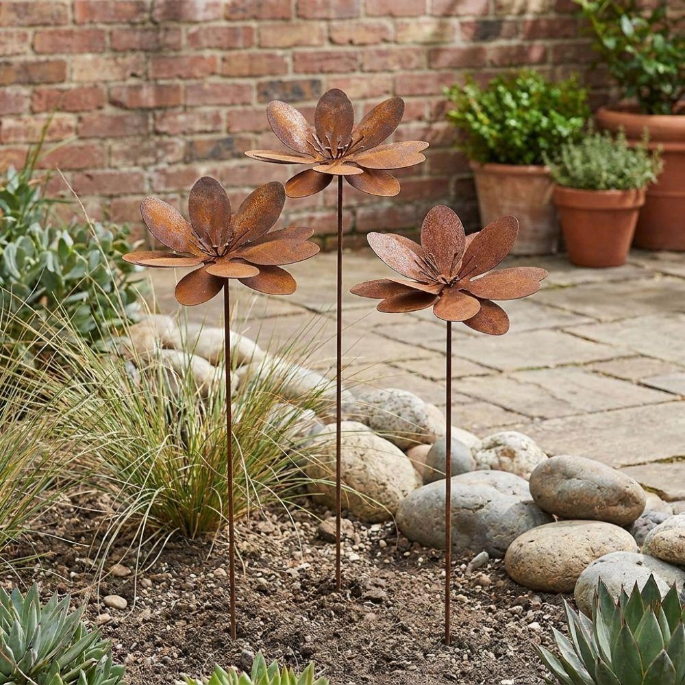 Cast Iron Flower Garden Stake Vintage Flower Yard Art Decor Landscaping Rustic Plant Stakes Lawn