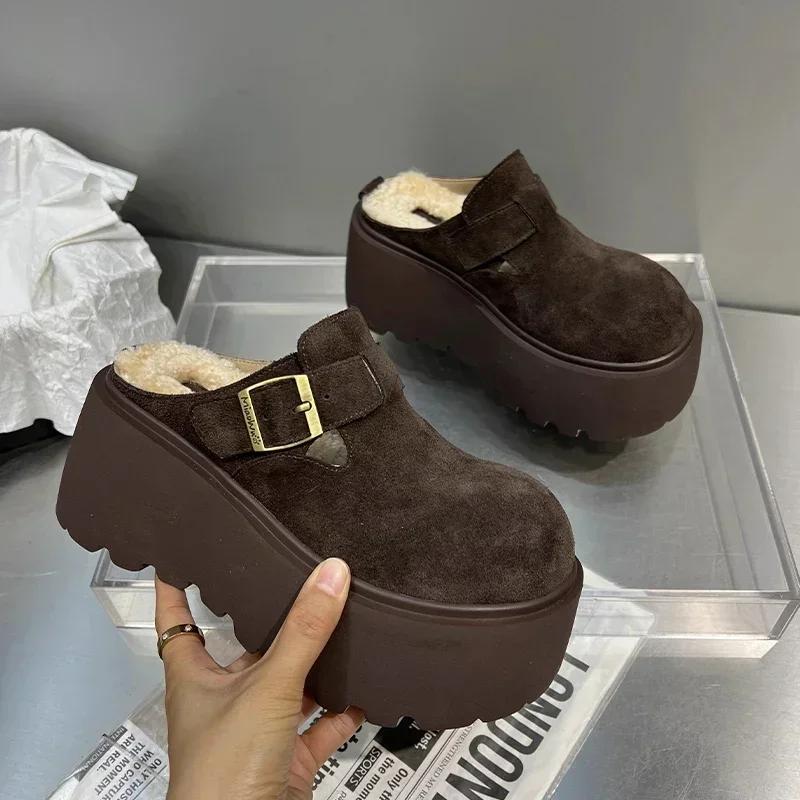 Платформа Высокий каблук Тапочки Женские замшевые туфли-мюли Женские 2025 Тренд Зима Новые Теплые Повседневные Модные Снежные Ботинки Mujer Zapatos