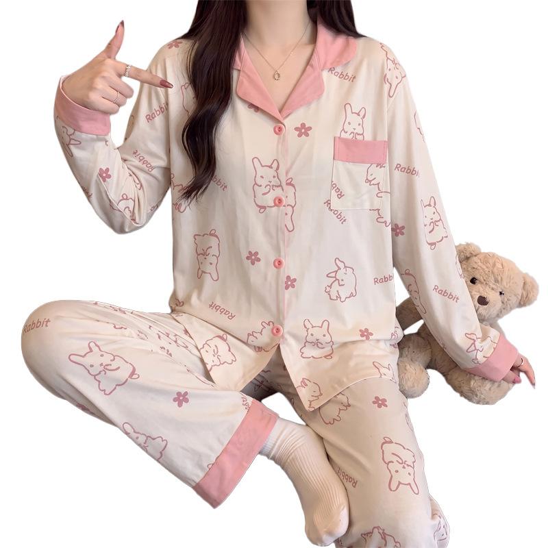 Soft cute rabbit pajamas women's spring and autumn imitation cotton high-value loungewear long-sleeved two-piece set can be worn outside