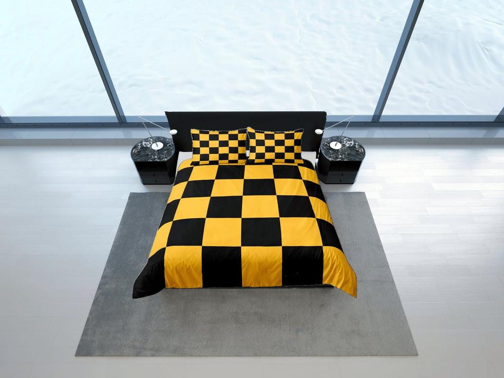 Bold Checkered Duvet Cover Set, Elegant Bedspread, Yellow and Black Bedding Set, Geometric Quilt Cover, Modern Bedroom Set, Dona Cover