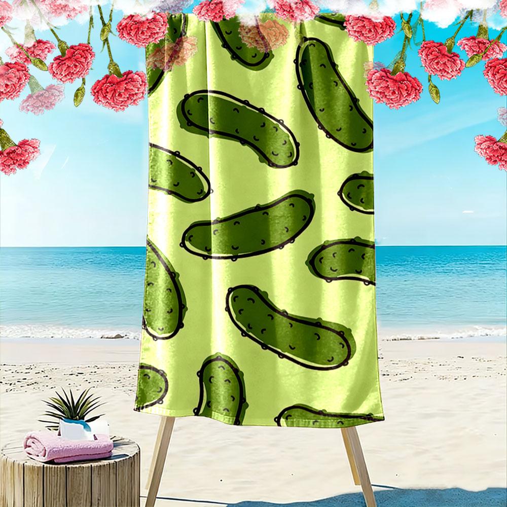 Playful green pickle parade Print beach towel, quick drying, suitable for travel, outdoor sports, jogging, the beach and swimming, gift