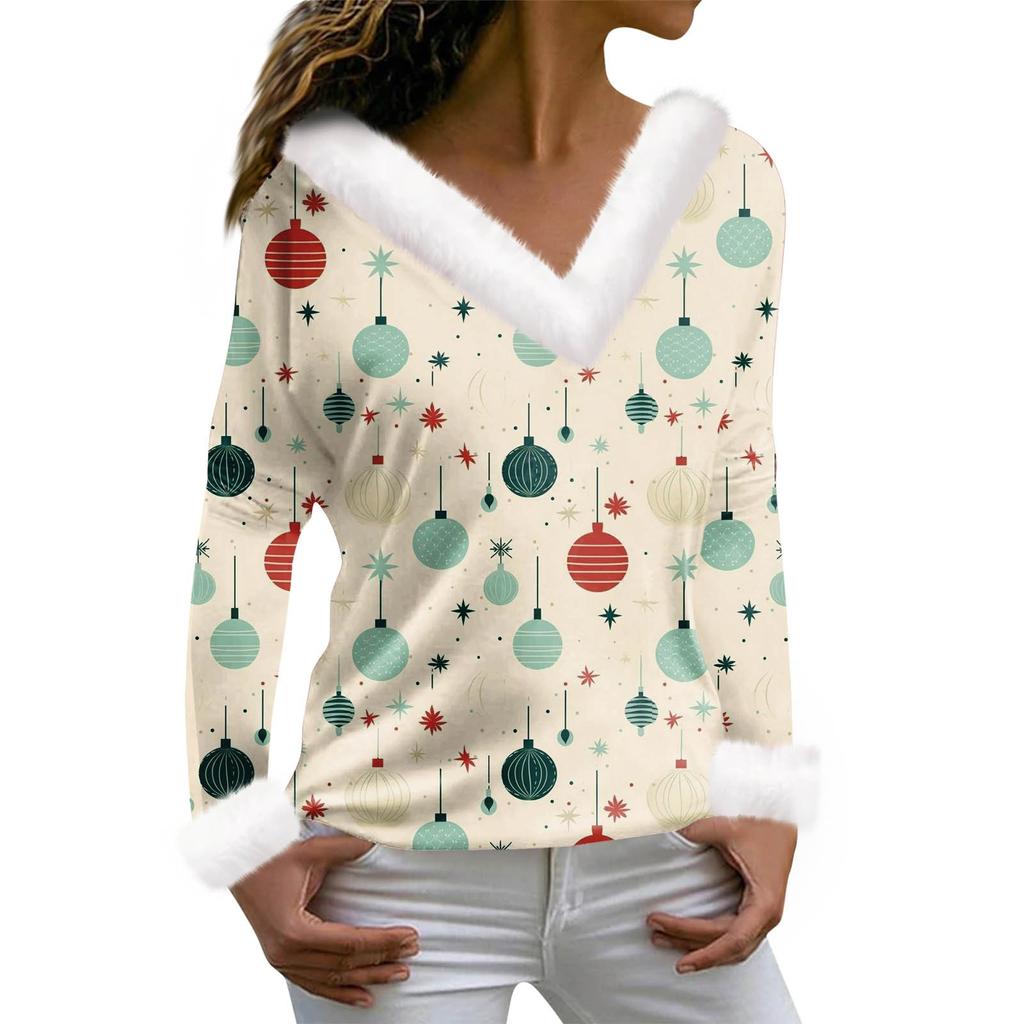 Женская футболка с рождественским принтом, футболка с длинным рукавом, флисовый воротник, топ с V-образным вырезом