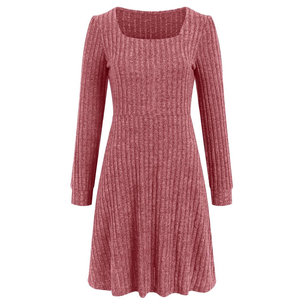 Женское трикотажное платье с длинными рукавами и карманами, квадратный вырез, облегающие платья, однотонное трикотажное элегантное платье для женщин