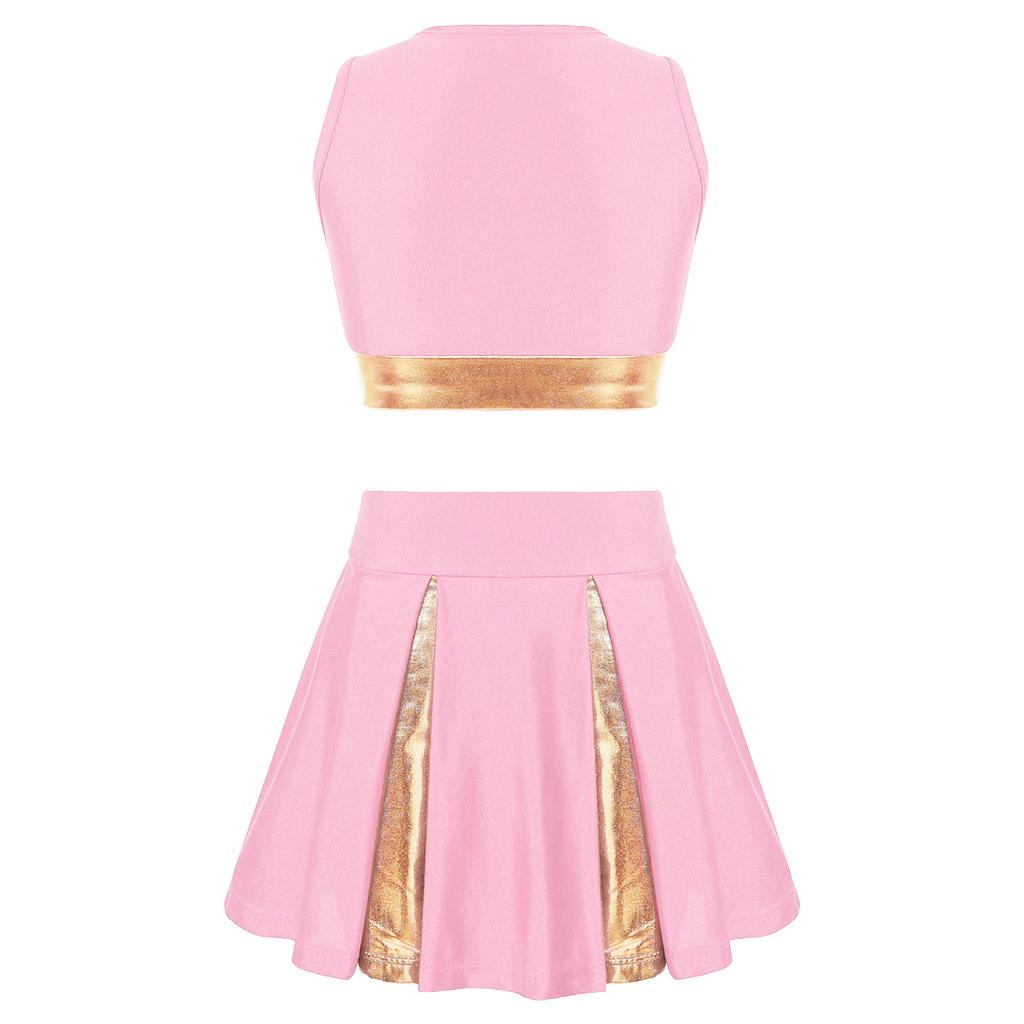 Girls Cheerleading Dance Set Patchwork Crop Top V Neck Letter Print with Elastic Waist Skirt