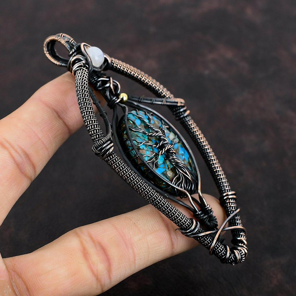 Tree Of Life Copper Chrysocolla Pendant Copper Wire Wrapped Rainbow Moonstone Pendant Gemstone Copper Jewelry For Gift Handmade Boho Pendant