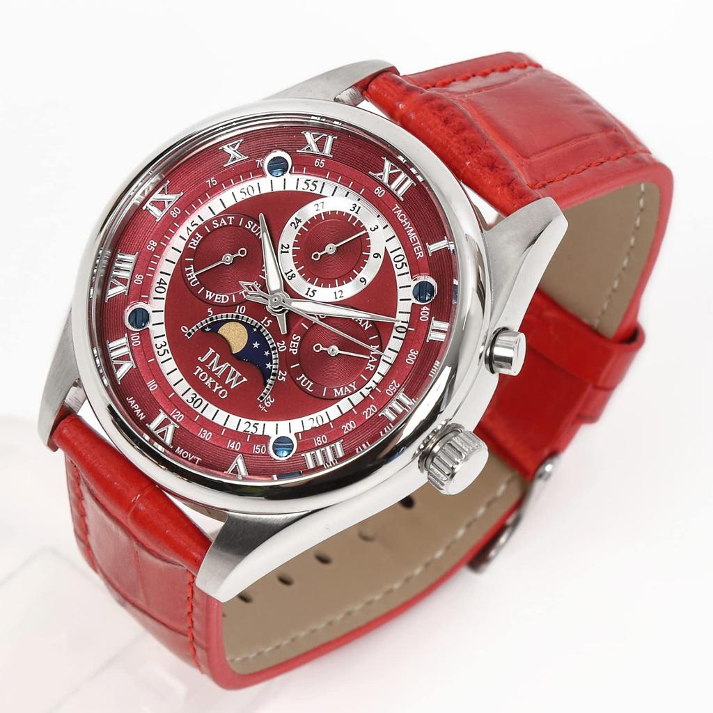 Роскошные часы с фазами Луны. Ремешок из натуральной кожи. Римские цифры. Указатель. Водонепроницаемость 100 м. Тахиметр. Подарок на 300 штук. Подарок на день. Подарок [JMW TOKYO] Мужские.