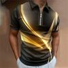 Men's Colorful Striped Printed T-shirt, Zipper, Men's Casual Top, Golf Clothing, Simple and Fashionable Polo, Summer