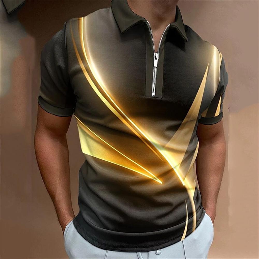 Men's Colorful Striped Printed T-shirt, Zipper, Men's Casual Top, Golf Clothing, Simple and Fashionable Polo, Summer