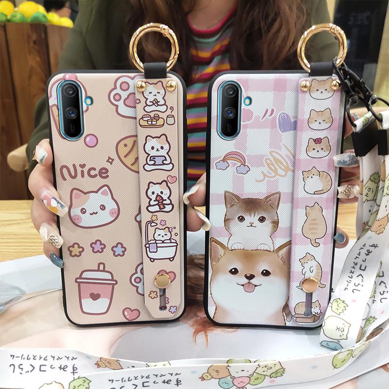 Phone Holder Fashion Design Phone Case For OPPO Realme C3/C3i/Narz N10A Wrist Strap Cute Kickstand Anti-knock Silicone