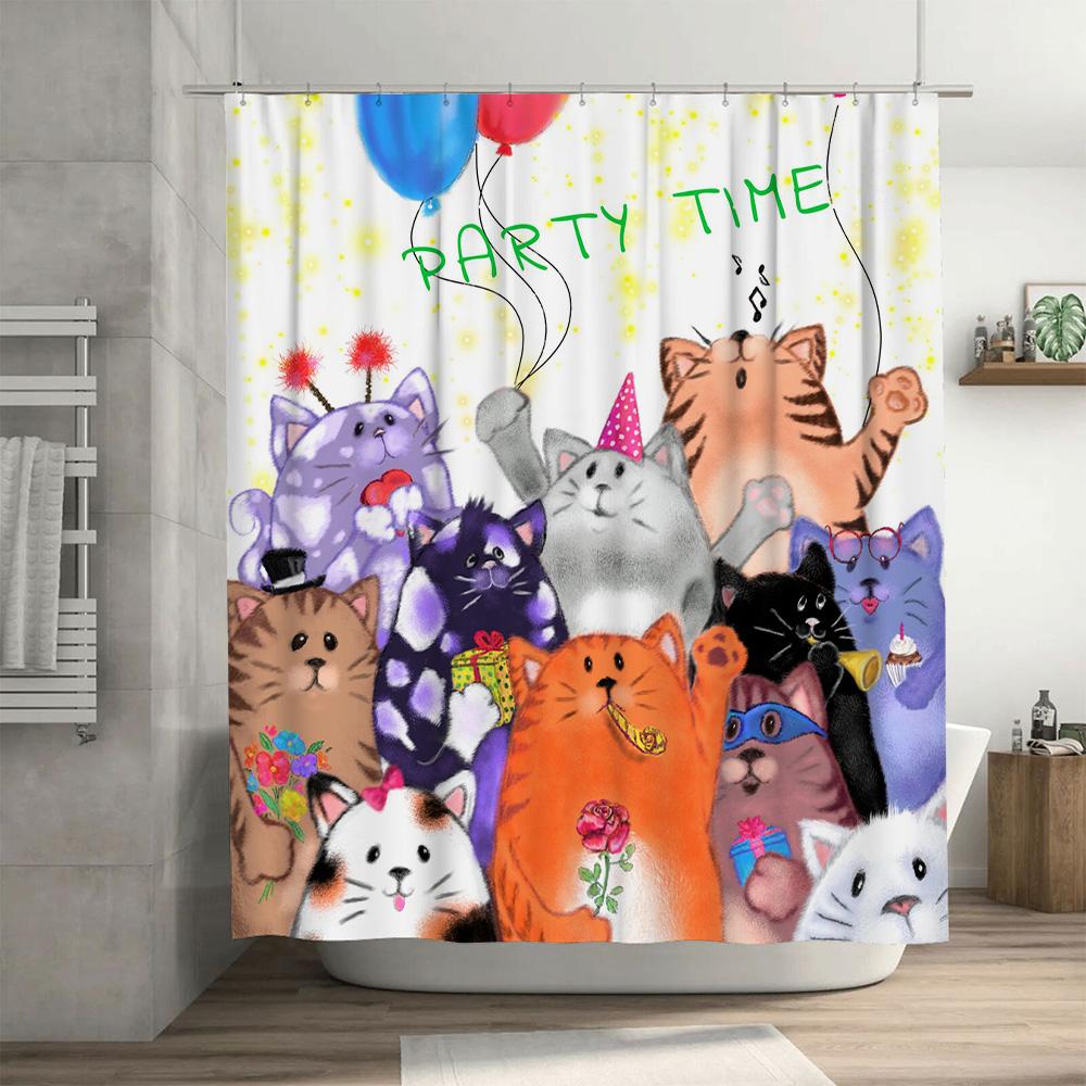 Набор занавесок для душа с котиками 'Party Time' Милый мультяшный принт Декоративная подкладка для ванной комнаты для детской комнаты