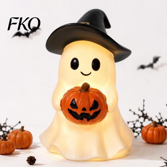 LED Pumpkin Decor Halloween Ghost Figurine, Cute Resin Holding Spooky Table Centerpiece Statue for Desk Tabletop Indoor Home Safe Flameless