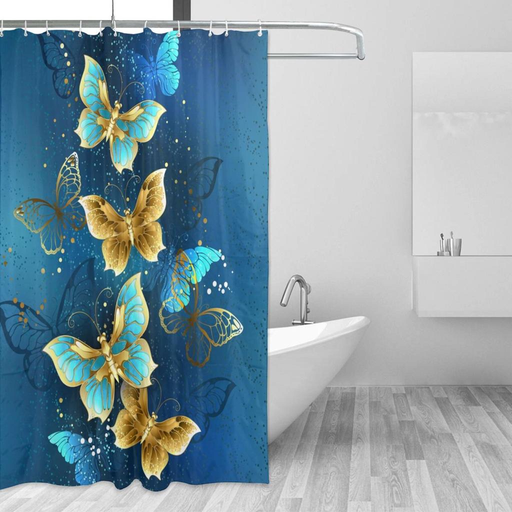 4pcs Blue-Golden Butterfly Shower Curtain Set with Rug, Toilet Lid Cover, Bath Mat, and Waterproof Polyester Curtain for Windows