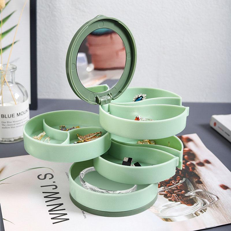 Многофункциональная вращающаяся шкатулка для хранения ювелирных изделий, 4-слойное хранение со шкатулкой для хранения с зеркалом, пылезащитная коробка для серег, ожерелий, ювелирных изделий
