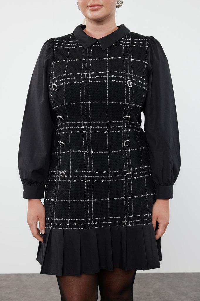 Women's Plus Size Dress Black Shirt Collar Plaid-Checked Mini Tweed Dress