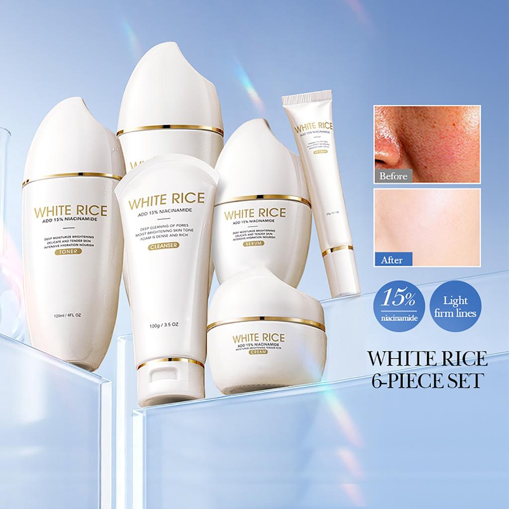 Набор для осветления и увлажнения кожи с рисом, набор увлажняющих продуктов. 100 г + 120 мл + 120 мл + 50 мл + 50 г + 20 г