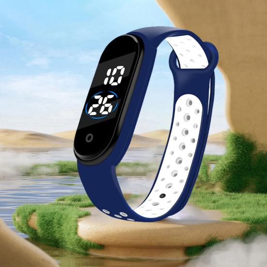 Светодиодные электронные часы Водонепроницаемые противоскользящие регулируемые двухцветные ремешки из ТПУ Прямоугольный циферблат Детские студенческие повседневные спортивные цифровые наручные часы