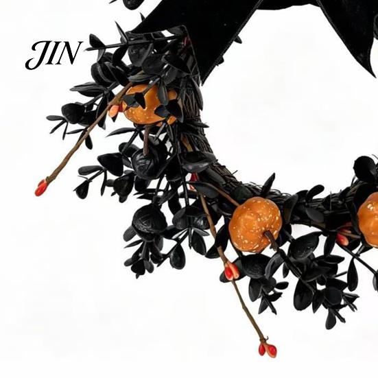 Black Branch Wreath Halloween for Front Door, 9 Inch Pumpkin with Party Decor Velvet Bow Home Porch Holiday Window Wall Fireplace