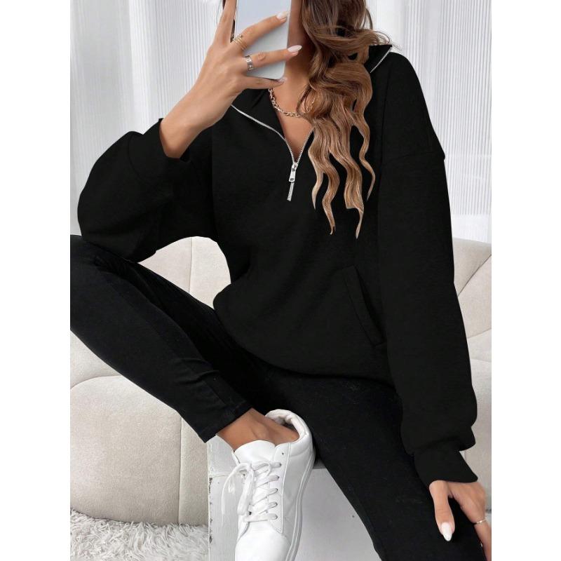 Women S Loose Fit Half Zip Long Sleeve Solid Color Casual Sweatshirt